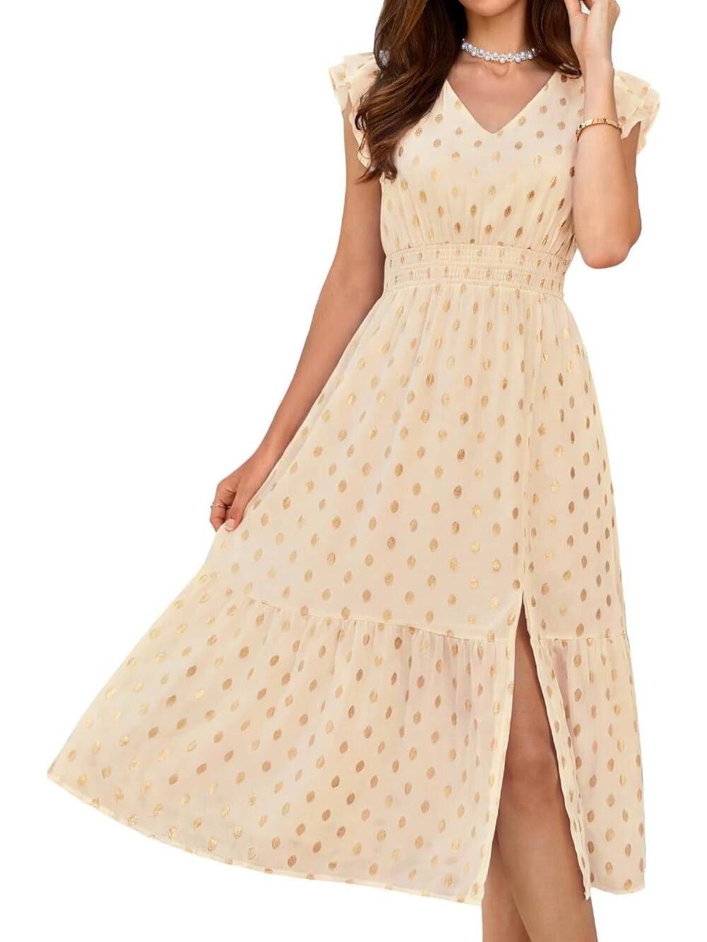 Grace Karin Beige Gold Polka Dot Tiered Ruffle Midi Dress XL